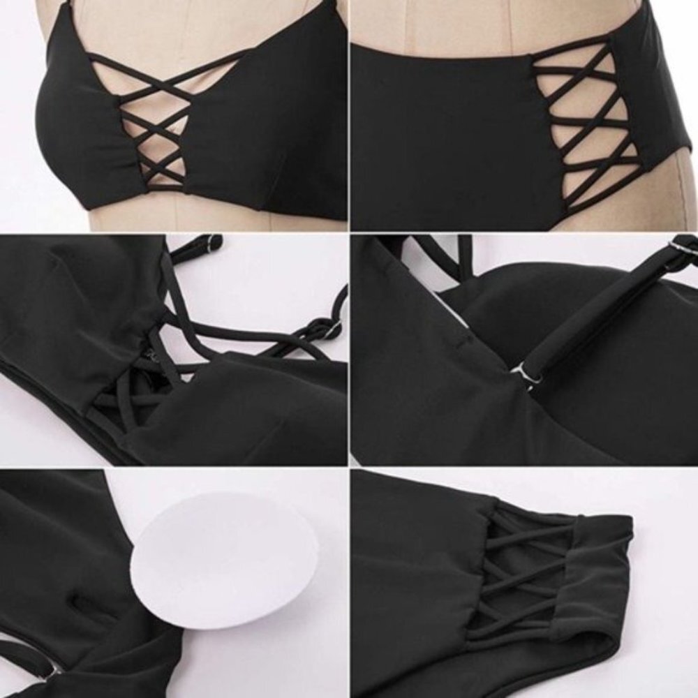 Black High Rise Bikini Lace Up Strappy Swim Suit Small Nwt - Picture 6 of 7